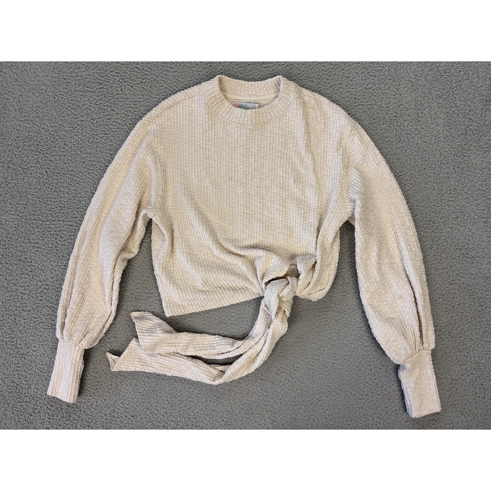 Free People Beach Top XS Ribbed Balloon Sleeve Oversized Cotton Linen Tie Front